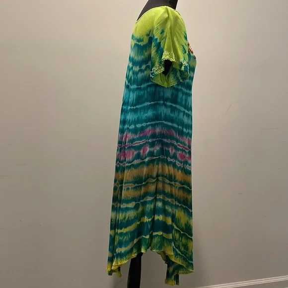 Wine’s Tie-Dye Summer Dress Short Sleeves Embroidered Size OS - Picture 8 of 13